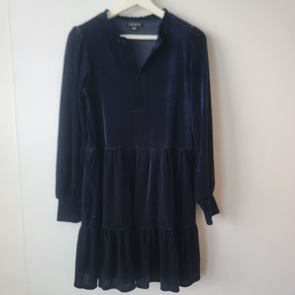 1. State Women's velvet tiered dress sz s Shift Mini v-neck reffed neck holiday